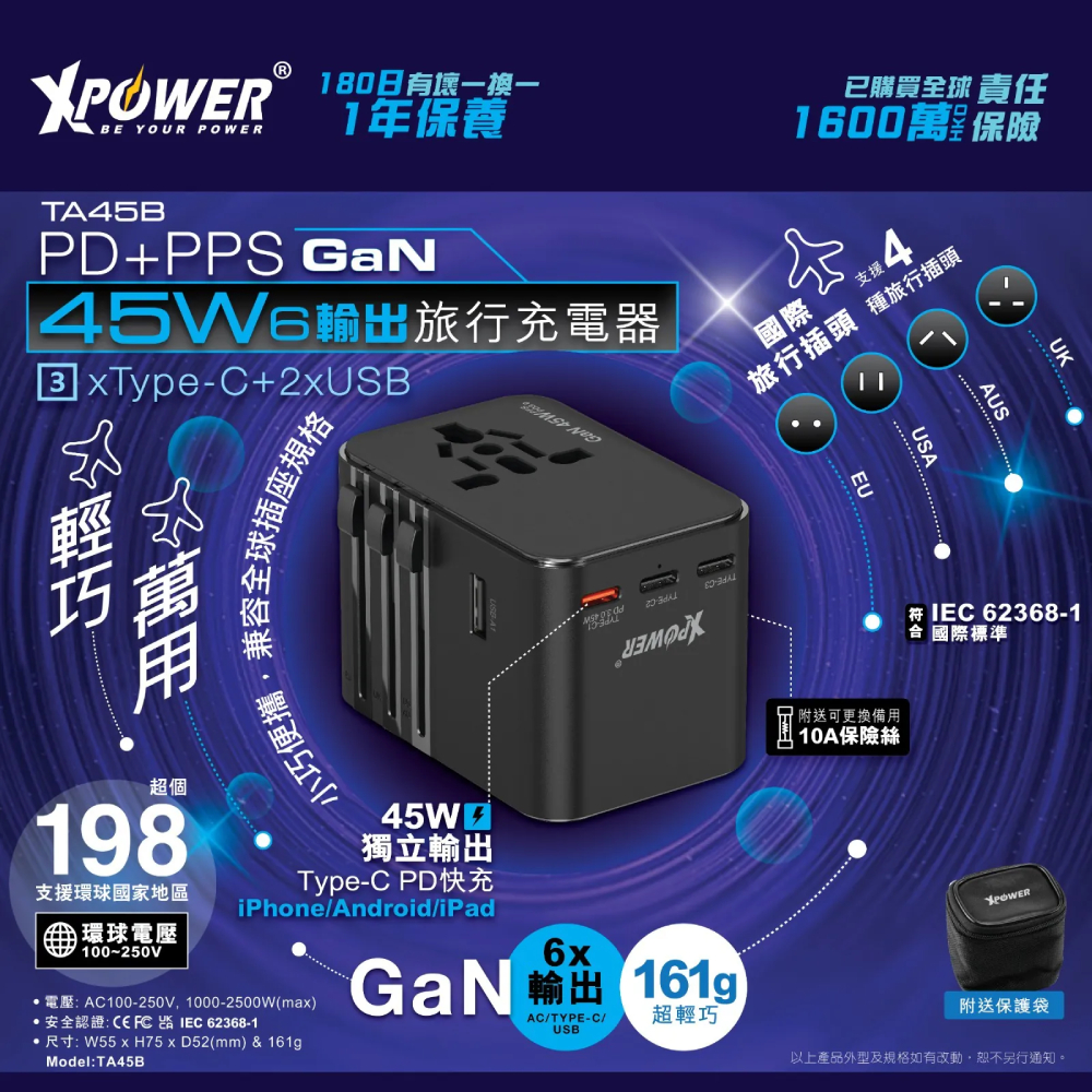 XPower TA45B 6輸出 45W PD/PPSGaN旅行充電器(Black)