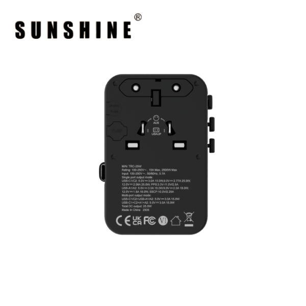 SUNSHINE TRC-25W GaN快速充電器 3插口(1C2A)及內置伸縮USB-C充電線旅行插座(25W)