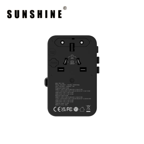 SUNSHINE TRC-70W GaN快速充電器 4插口(2C2A)及內置伸縮USB-C充電線旅行插座(70W)