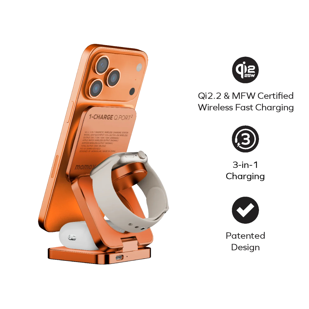 MOMAX 1-Charge Q.Port² 折疊 25W Qi2.2 三合一無線充電座(UD31Q22)(橙色)
