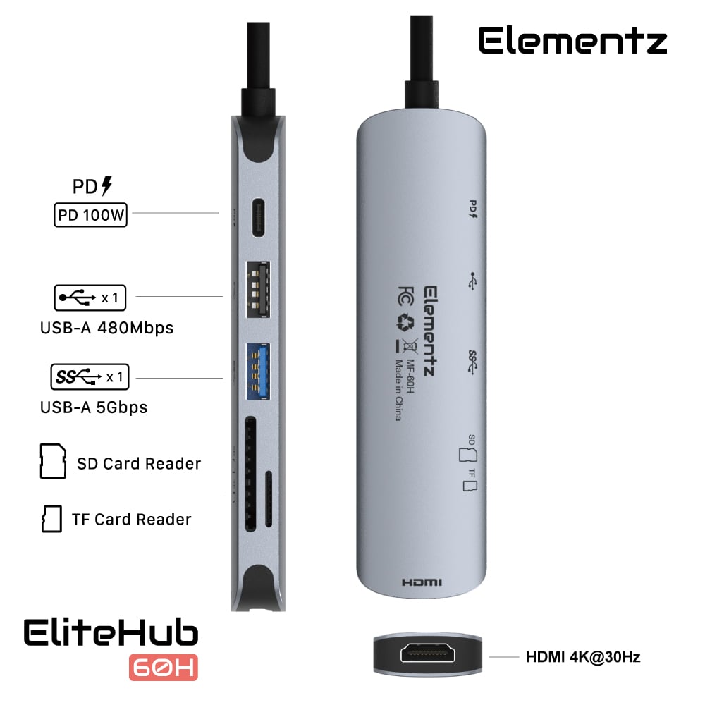Elementz EliteHub 60H 6 in 1 USB-C Hub 擴展塢
