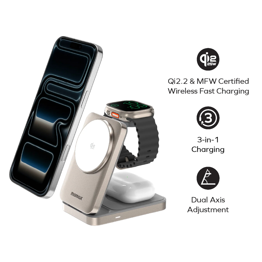 MOMAX 1-Charge Q.Port² 折疊 Qi2.2 三合一無線充電支架(UD36Q22)(鈦色)