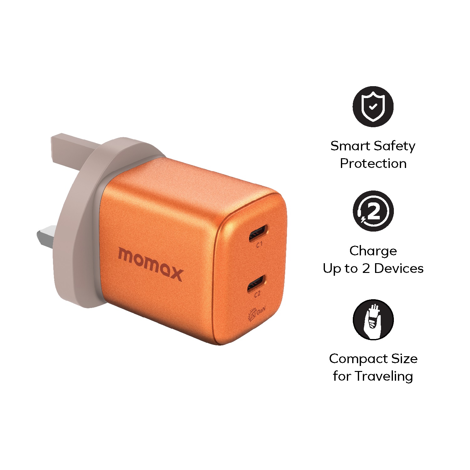 MOMAX 1-Charge 2-Port 45W GaN 雙輸出充電器(UM81)(橙色)