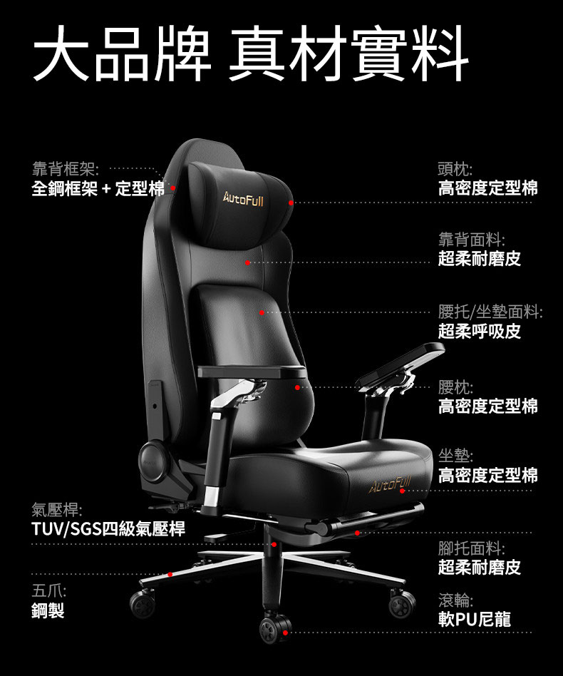 Autofull 傲風 M6系列人體工學電競椅(Pro-黑色-連腳托)