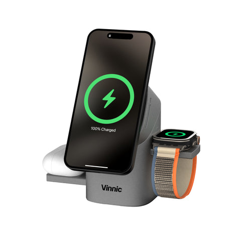 Vinnic Owl Peak 2 三合一機械無線充電座 | 觸控自動旋轉彈出 | 內置散熱風扇(銀色)