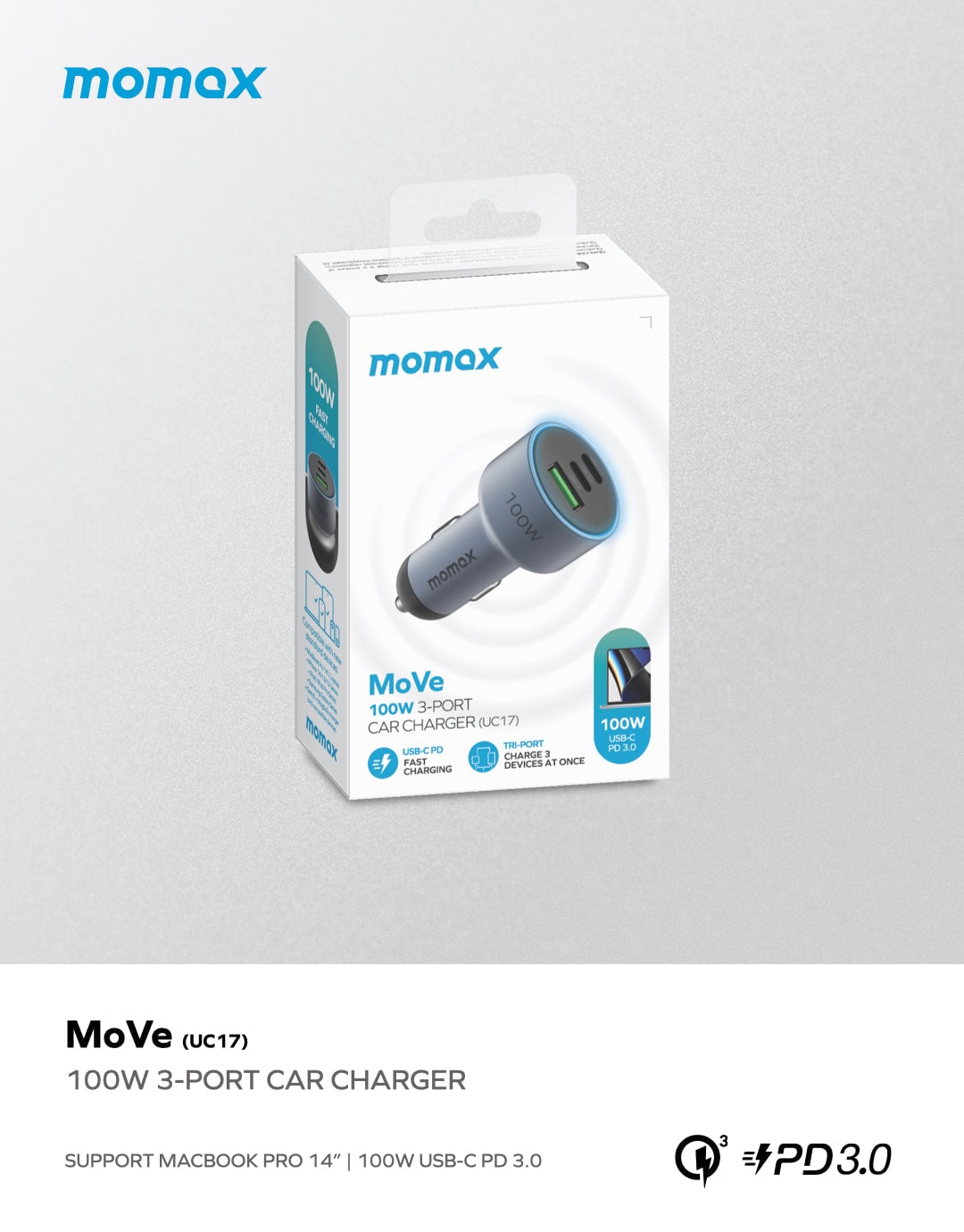 MOMAX MoVe 100W 三重快充車載充電器(UC17)(深空灰)