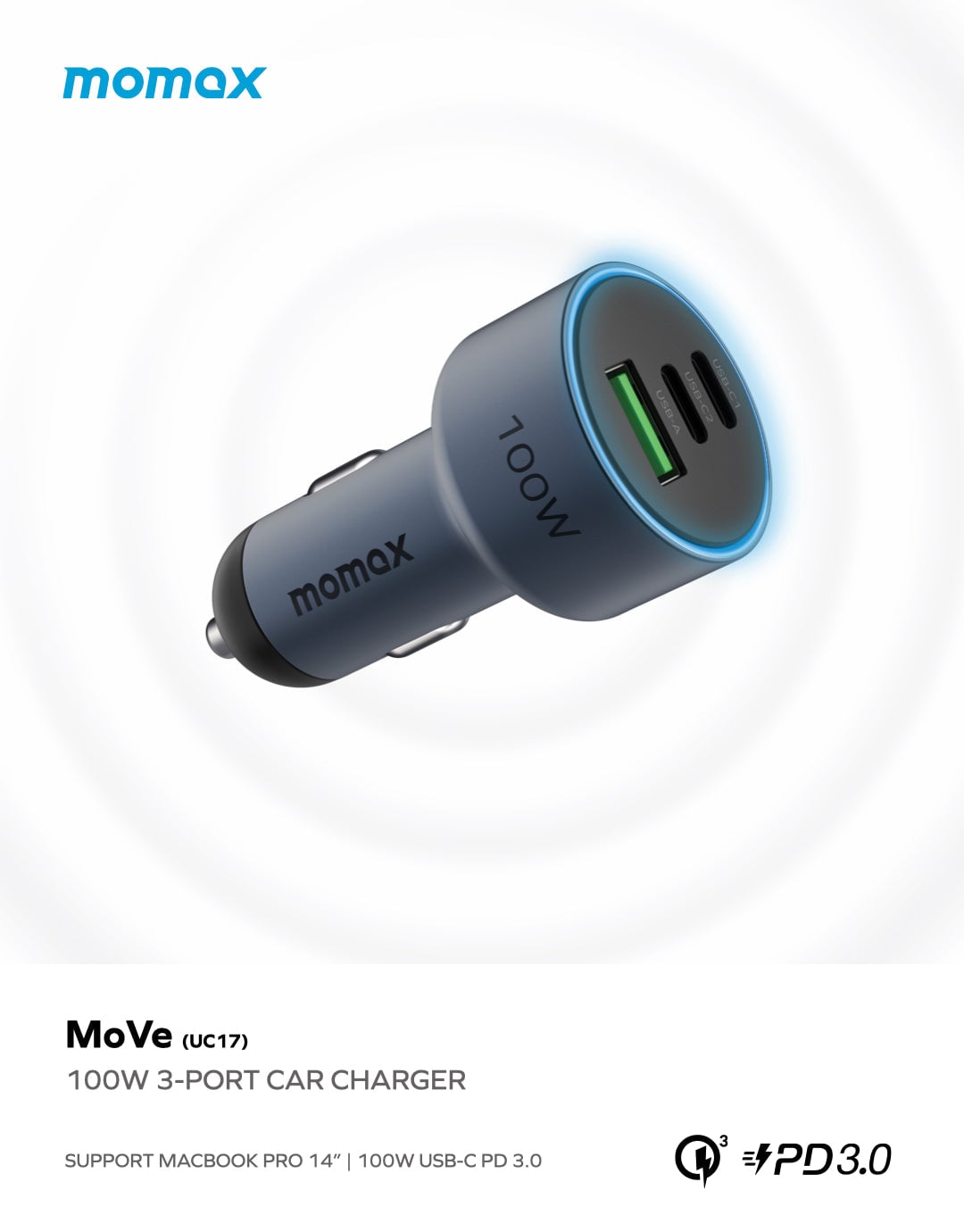 MOMAX MoVe 100W 三重快充車載充電器(UC17)(深空灰)